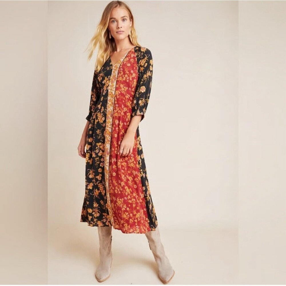 Anthropologie Black and Red Floral Maxi Dress